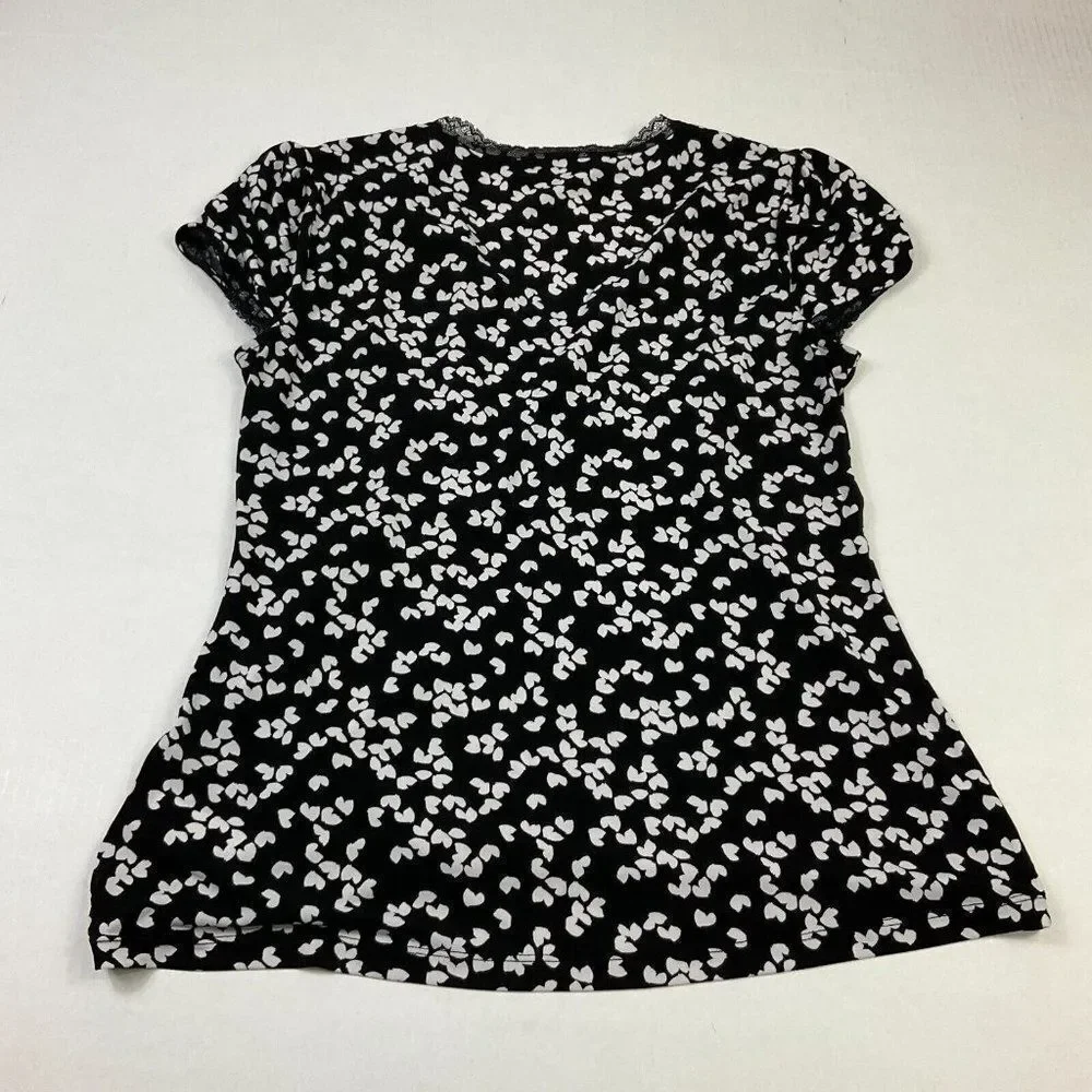 Michael Kors Womens Lace Blouse Black White Stretch Short Sleeve Shirt M Medium